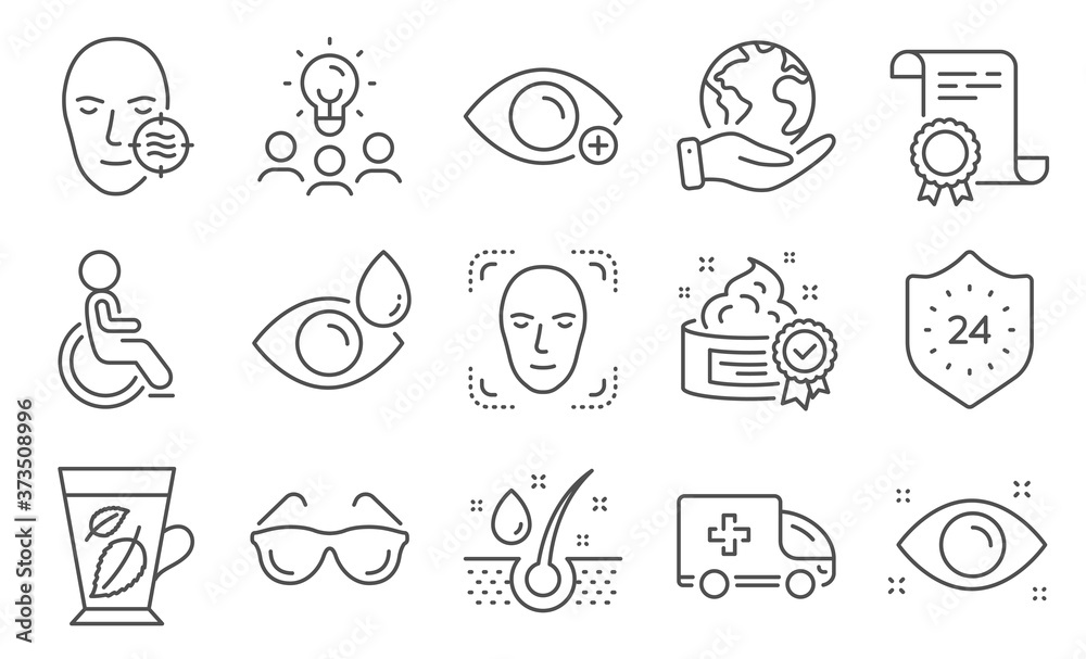 Set of Medical icons, such as Health eye, Problem skin. Diploma, ideas, save planet. Eyeglasses, Face detection, Disabled. Mint leaves, Ambulance emergency, Farsightedness. Vector
