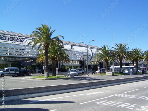 Zufahrt und Palmen am Flughafen Nizza, Frankreich