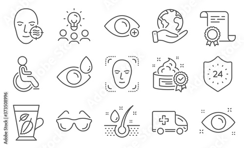 Set of Medical icons  such as Health eye  Problem skin. Diploma  ideas  save planet. Eyeglasses  Face detection  Disabled. Mint leaves  Ambulance emergency  Farsightedness. Vector