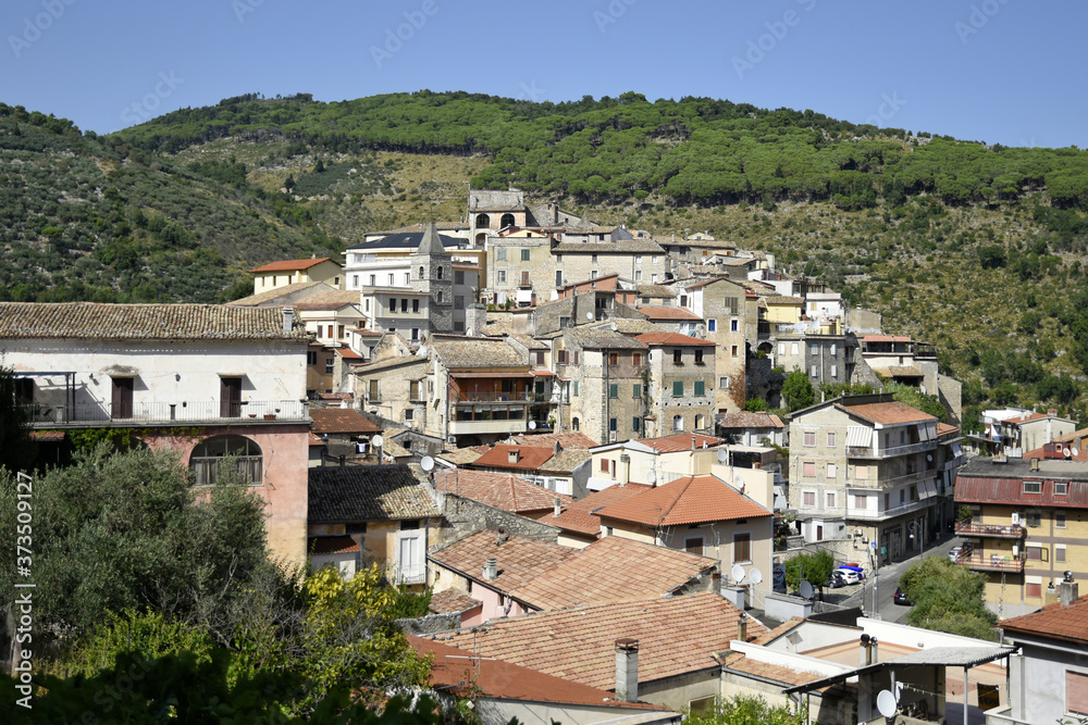 Panoramic view of Lenola, a medieval village in the mountains of the Lazio region.