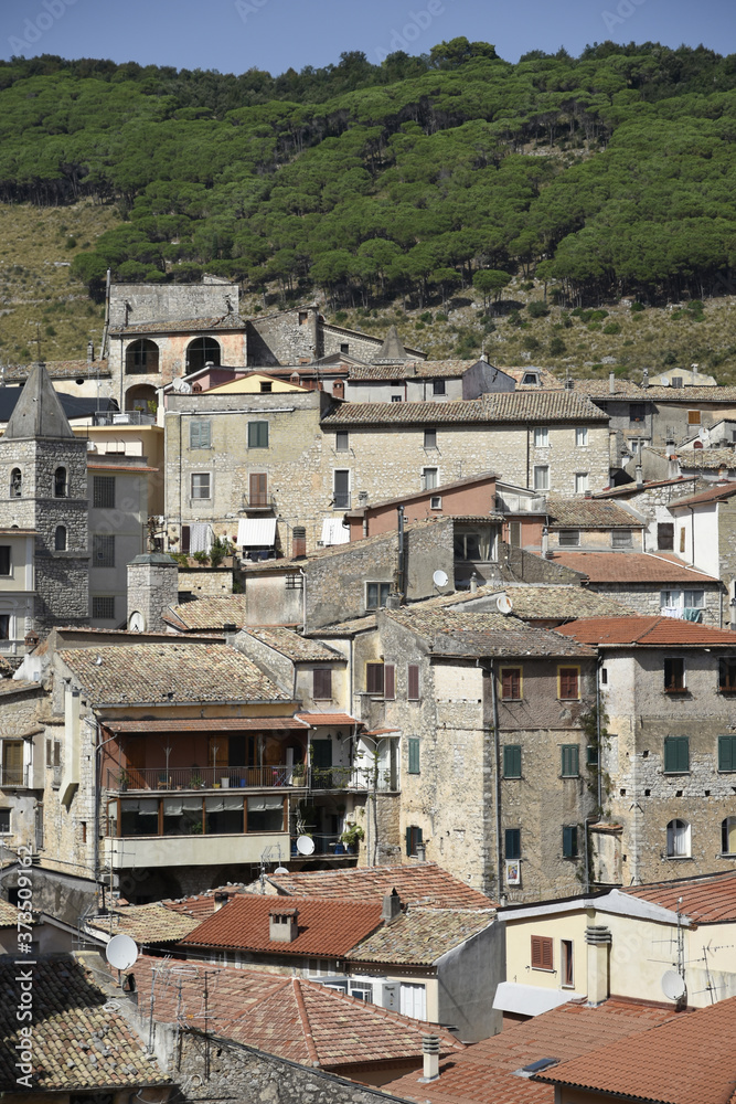 Panoramic view of Lenola, a medieval village in the mountains of the Lazio region.