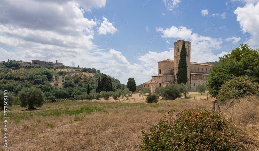 External view of the Sant'Antimo Abbey, in Tuscany, Italy
