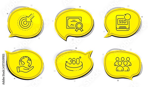 Group sign. Diploma certificate, save planet chat bubbles. Targeting, 360 degrees and Recovery ssd line icons set. Click, Full rotation, Backup info. Developers. Technology set. Vector
