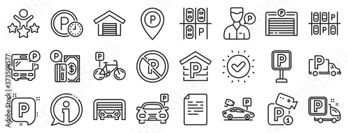 Car garage, Valet servant and Paid transport parking icons. Parking line icons. Video monitoring, Bike or Car park and Truck or Bus transport garage. Money payment, Map pointer and Free park. Vector