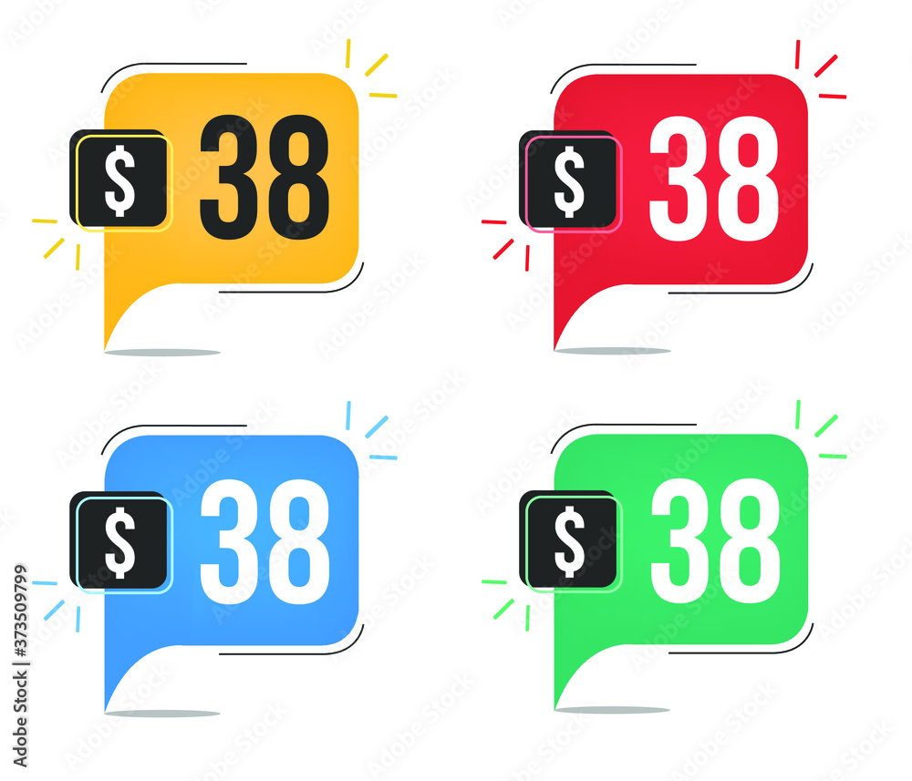 38 dollar price. Yellow, red, blue and green currency tags with speech balloon concept vector. 38 dollar price. Yellow, red, blue and green currency tags with speech balloon concept vector.