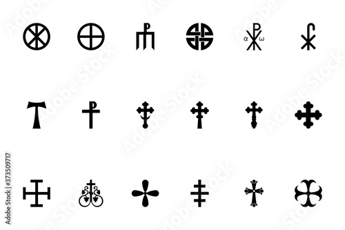 Religious cross black color set solid style image photo
