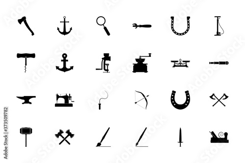 Vintage tools and craft objects black color set solid style image