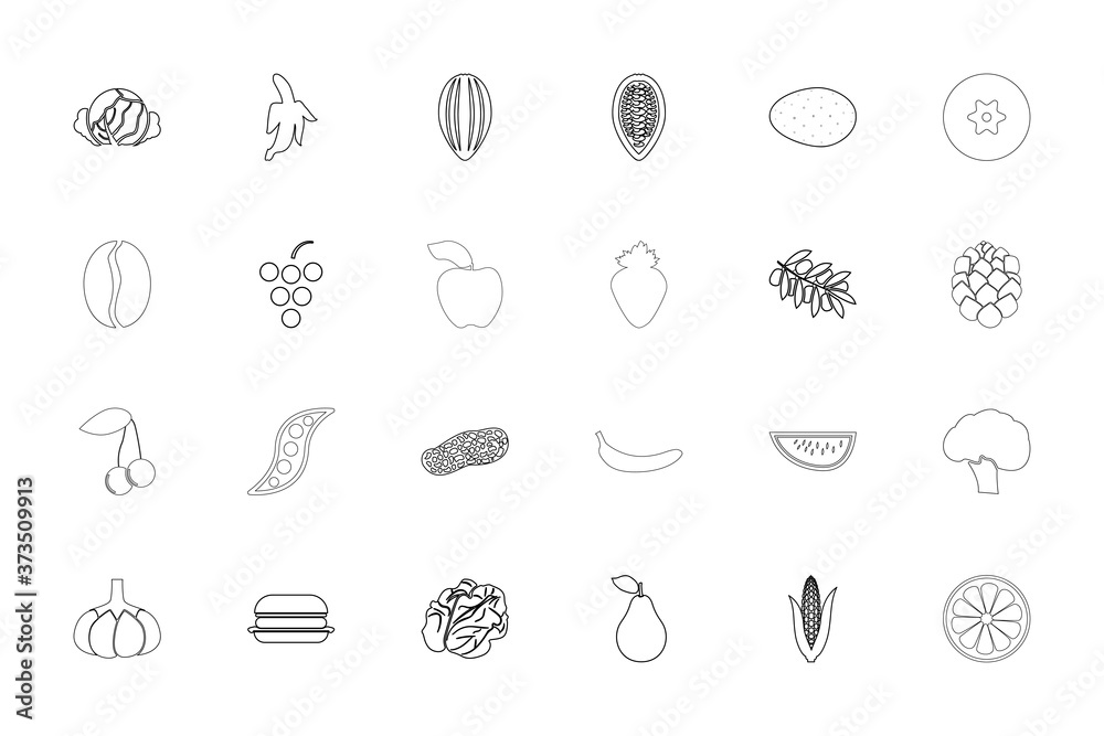 Food fruit vegetables black color set outline style image Food fruit vegetables black color set outline style image