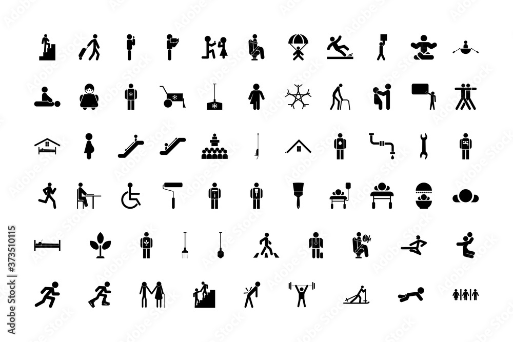 Stick figure black color set solid style image