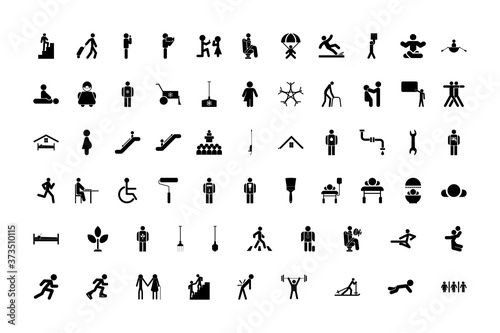 Stick figure black color set solid style image