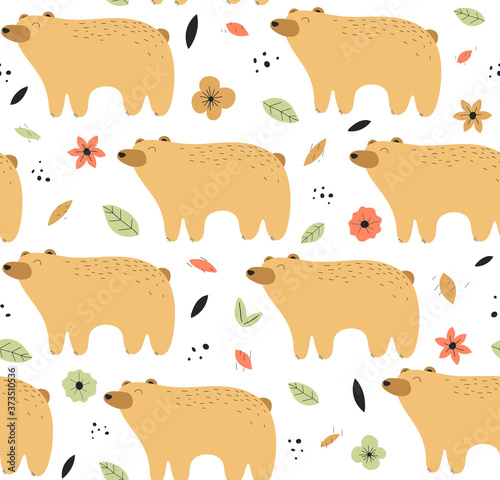 Hand drawn  background with bears and flowers. Pattern with cute design. Scandinavian style design. 