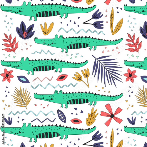 Hand drawn background with crocodiles and flowers.Pattern with cute design. Scandinavian style design. 