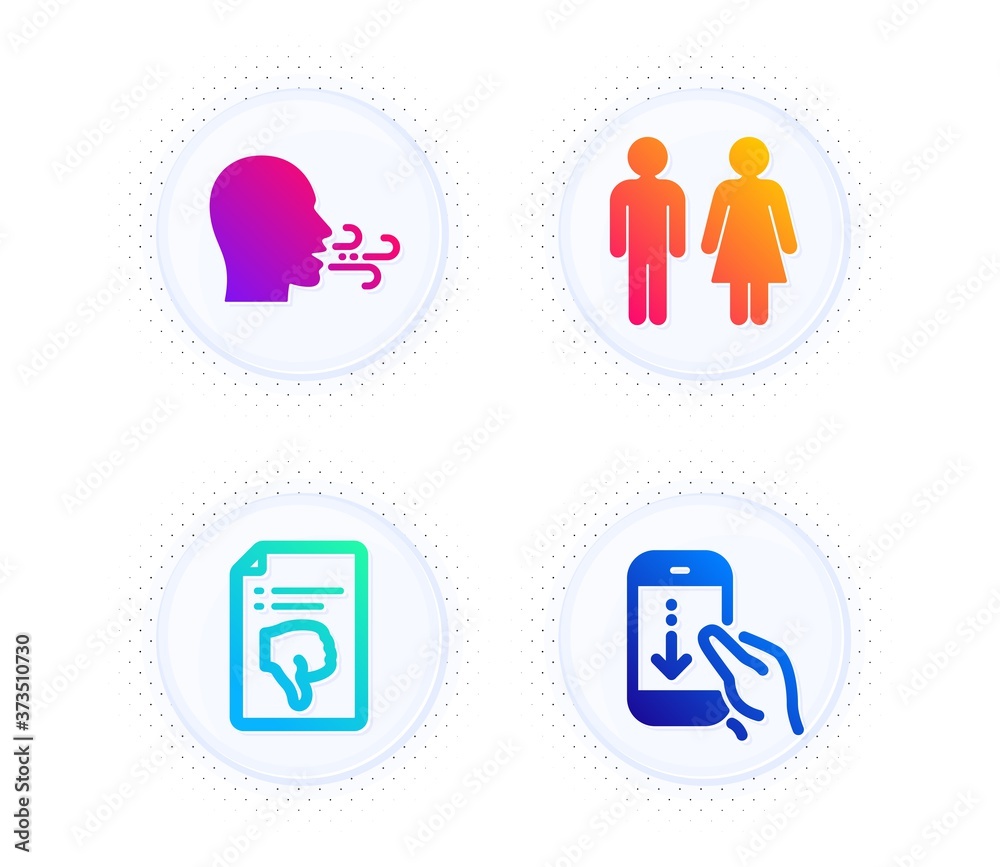 Restroom, Breathing exercise and Thumb down icons simple set. Button with halftone dots. Scroll down sign. Wc toilet, Breath, Decline file. Swipe phone. People set. Gradient flat restroom icon. Vector Restroom, Breathing exercise and Thumb down icons simple set. Button with halftone dots. Scroll down sign. Wc toilet, Breath, Decline file. Swipe phone. People set. Gradient flat restroom icon. Vector