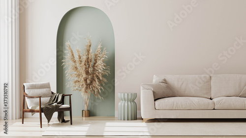 living room interior mock up, modern furniture and decorative green arch with trendy dried flowers, white sofa and armchair, 3d render