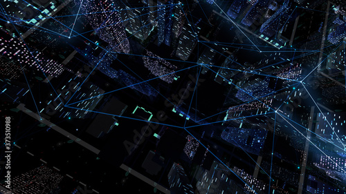 Fototapeta Naklejka Na Ścianę i Meble -  Digital City Network Building Technology Communication Data Business 3D illustration Background
