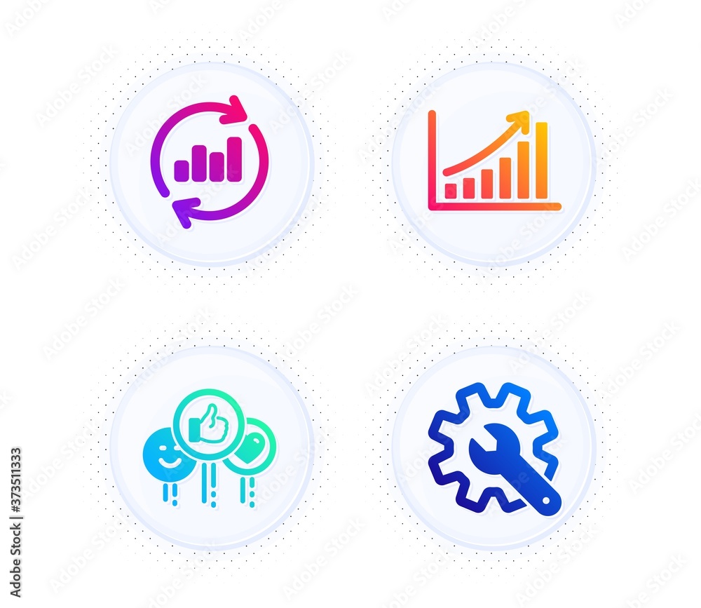 Like, Update data and Graph chart icons simple set. Button with halftone dots. Customisation sign. Social media likes, Sales chart, Growth report. Settings. Technology set. Vector