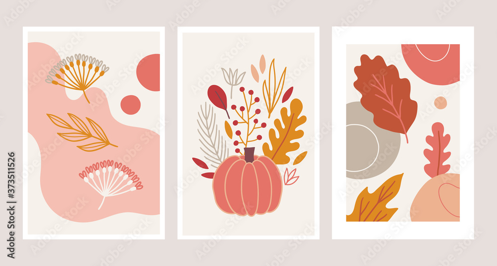 Abstract autumn greeting cards with pumpkin, oak leaves, berries, flowers