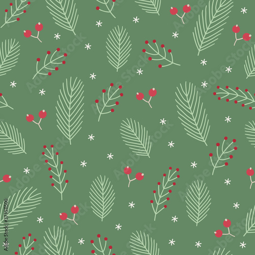 Christmas seamless pattern with fir branches, snowflakes and berries