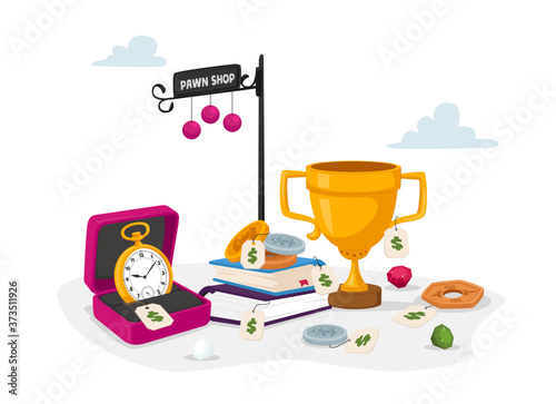 Pawn Shop with Antique Things Gold Watches, Winners Goblet and Ancient Books with Coins and Gems. Pawnshop Business