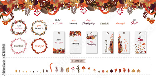 Autumn flower and leaf tag and wreath set. Thanksgiving festival design vector