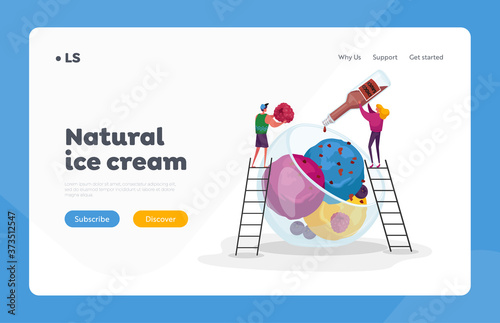Summer Food, Icecream Landing Page Template. Tiny Characters on Ladders Decorate Huge Ice Cream with Choco Topping