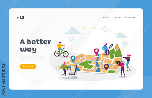 Gps Navigation Landing Page Template. Tiny Characters at Huge Location Map, People Use Online Application on Smartphone