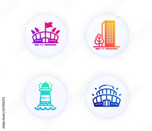 Buildings, Arena and Lighthouse icons simple set. Button with halftone dots. Arena stadium sign. City architecture, Sport stadium, Searchlight tower. Competition building. Buildings set. Vector