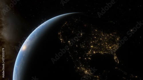 united states of america from space, earth from orbit, night usa from space 3d render