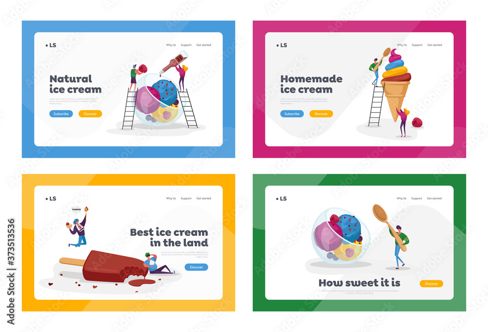 Ice Cream Landing Page Template Set. Sweet Dessert in Cup, Sundae Balls with Sprinkles, Chocolate Popsicle, Frozen Meal
