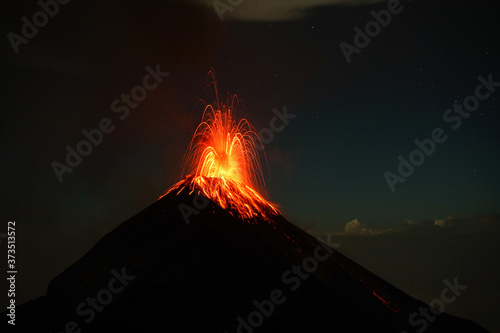 Fuego volcano erupting at night in antigua guatemala