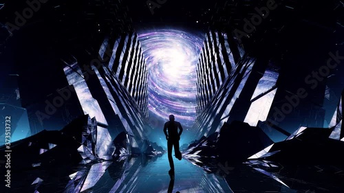 Close up follow shot of man running on a space platform seamless loop. Stylized male silhouette on a sci-fi futuristic cyber landscape. 3D music video VJ animation. Reaching goals and motion concept