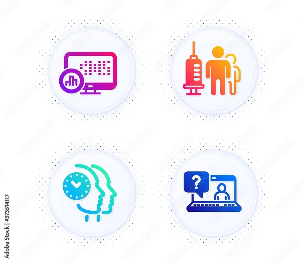 Medical vaccination, Time management and Report statistics icons simple set. Button with halftone dots. Faq sign. Syringe vaccine, Teamwork clock, Graph chart. Web support. Science set. Vector Medical vaccination, Time management and Report statistics icons simple set. Button with halftone dots. Faq sign. Syringe vaccine, Teamwork clock, Graph chart. Web support. Science set. Vector