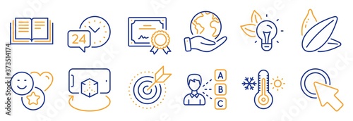 Set of Business icons  such as Eco energy  Smile. Certificate  save planet. Education  Sunflower seed  Target purpose. Thermometer  Opinion  Augmented reality. Vector