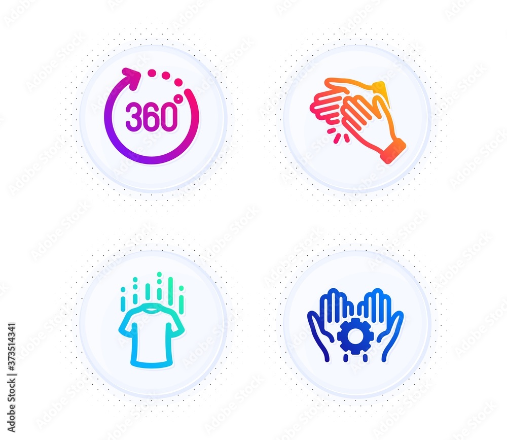 Clapping hands, 360 degrees and Dry t-shirt icons simple set. Button with halftone dots. Employee hand sign. Clap, Panoramic view, Laundry shirt. Work gear. Business set. Vector