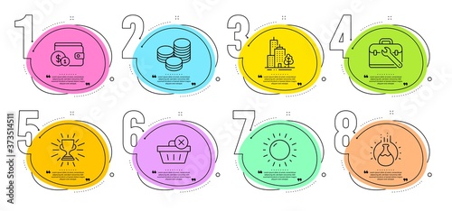 Delete purchase, Tips and Buying accessory signs. Timeline steps infographic. Chemistry experiment, Tool case and Skyscraper buildings line icons set. Trophy, Sunny weather symbols. Vector