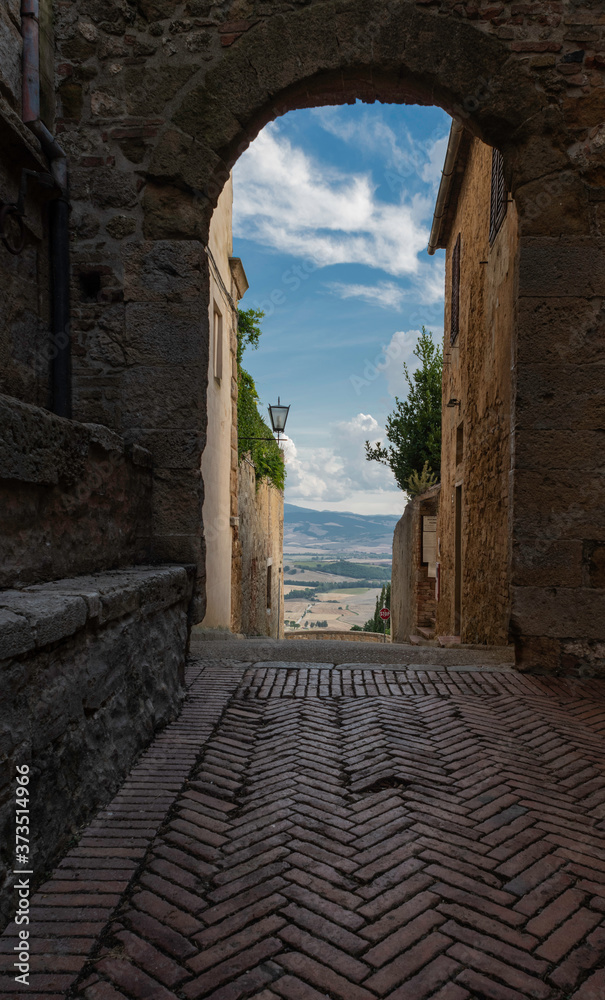 A door with a amazing view in Pienza, a beautiful town in the Tuscan countryside