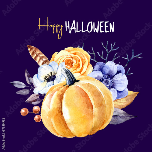 Watercolor Happy Halloween greeting card. Vector painted isolated mystery floral pumpkin illustration