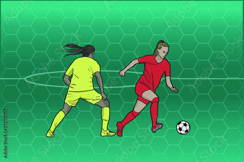 Dos mujeres jugando al fútbol sobre fondo abstracto