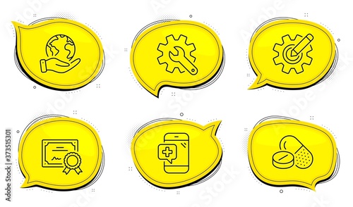 Cogwheel sign. Diploma certificate, save planet chat bubbles. Medical drugs, Medical phone and Customisation line icons set. Medicine pills, Mobile medicine, Settings. Edit settings. Vector