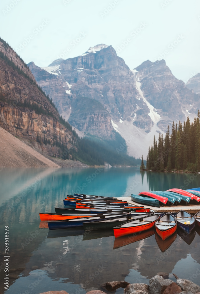 Canoes at Moraine Lake, Banff National Park, Alberta Canada in summer