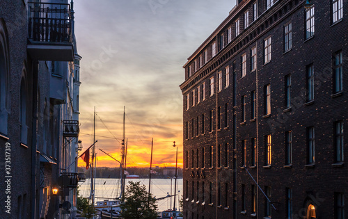 Amazing sunrise cityscape in North Harbour, Pohjoissatama, Helsinki downtown, Finland photo