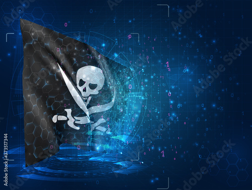 Fototapeta Naklejka Na Ścianę i Meble -  skull with pirate bones vector 3d flag on blue background