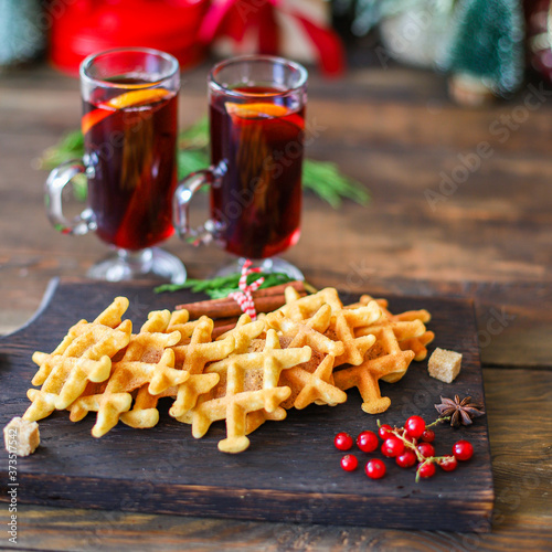 waffles dessert sweet Menu christmas new year baking serving size. food background top view copy space for text