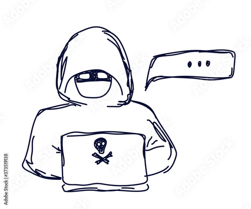 Internet fraudster and laptop on a white background. Sketch. Vector illustration.