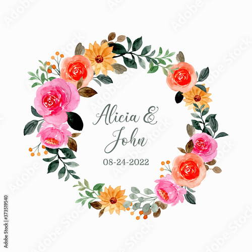 Save the date. watercolor pink floral wreath