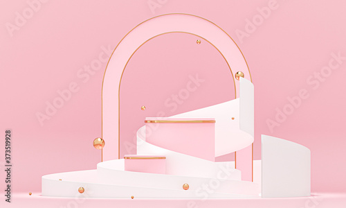 3D rendering white podium geometry with gold elements. Abstract geometric shape blank podium. Scene for product presentation. Empty showcase, pedestal platform display. © Yury