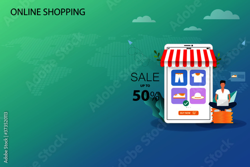 Concept of online shopping  businessman is sitting on a big golden coin stack in front of smartphone that contain discount rate and list of products to order a new shoe in blue green shade background.