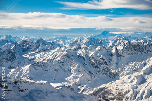 Panorama of winter mountains Mont Blanc is the highest mountain in the Alps.