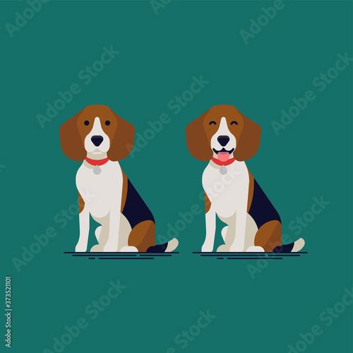 Adorable flat vector small dog character design on Beagle hound sitting with closed and open mouth, wearing red collar. Ideal for pets themed graphic and wed design