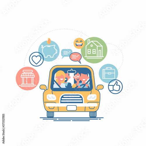 Cool vector concept on car sharing, carpool and lift sharing with group of people inside car and various icons and symbols